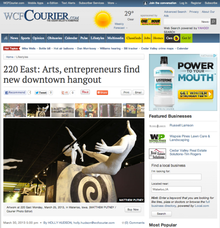 Waterloo-Cedar Falls Courier features "220 East," the gallery where Proprioceptive currently resides.